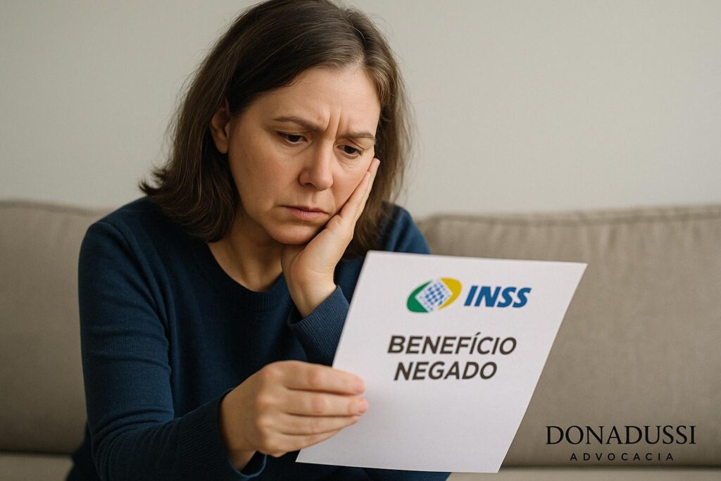 Pessoa segurando documento do INSS com benefício negado, expressão de frustração e preocupação
